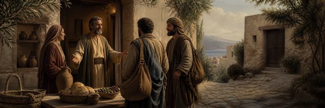 Gaius welcoming dusty messengers with food and supplies beside a neighboring closed doorway
